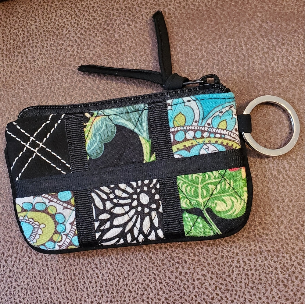 Vera Bradley patchwork coin purse with keyring black, peacock